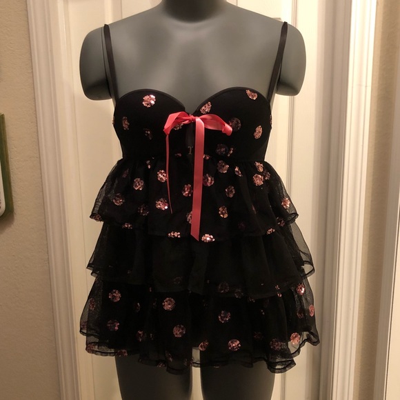 Victoria's Secret Other - VS 🖤 Frilly Black and Pink Sequin Negligée Sz 34B